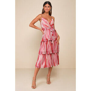 NWT Lulus Vibrant Spirit Pink Abstract Plisse Surplice Tiered Midi Dress